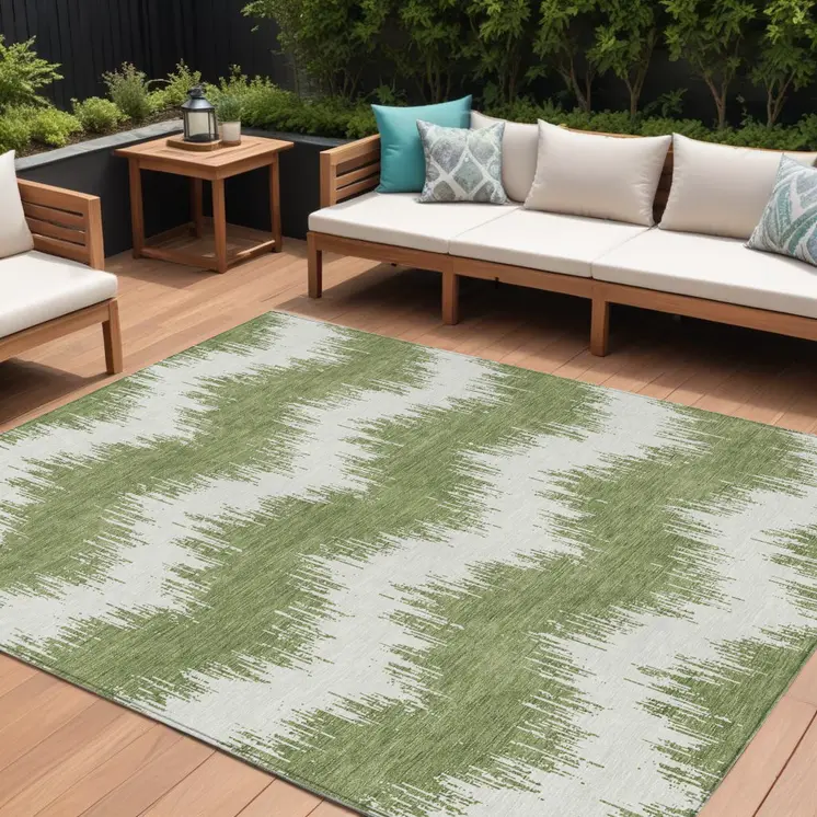 10' X 14' Green And Ivory Chevron Washable Indoor Outdoor Area Rug