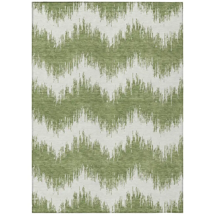 10' X 14' Green And Ivory Chevron Washable Indoor Outdoor Area Rug