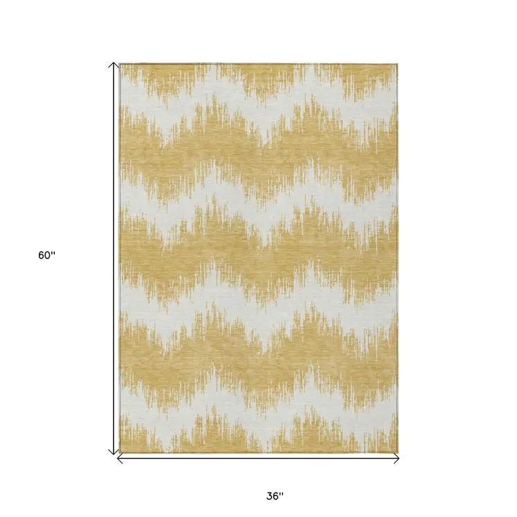 3' X 5' Gold And Ivory Chevron Washable Indoor Outdoor Area Rug
