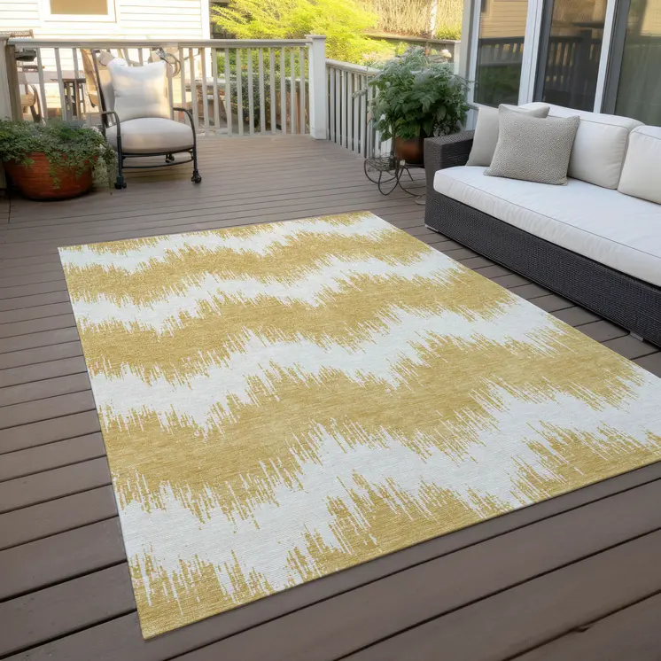 3' X 5' Gold And Ivory Chevron Washable Indoor Outdoor Area Rug