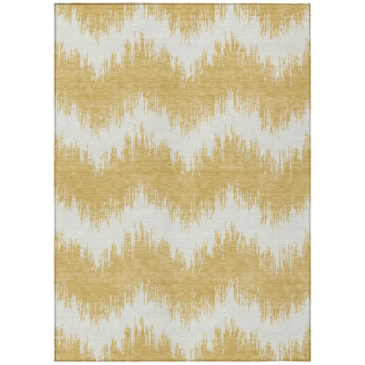 3' X 5' Gold And Ivory Chevron Washable Indoor Outdoor Area Rug