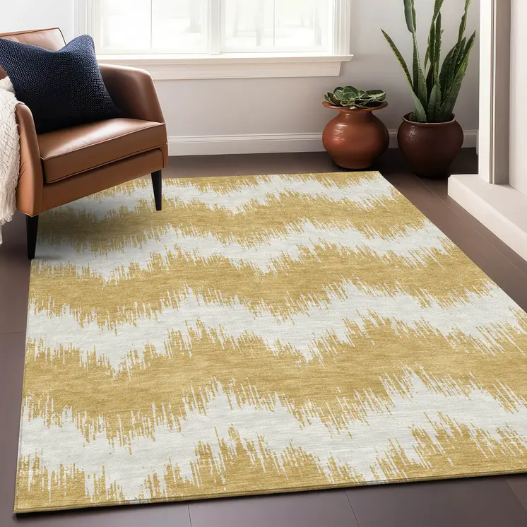 3' X 5' Gold And Ivory Chevron Washable Indoor Outdoor Area Rug
