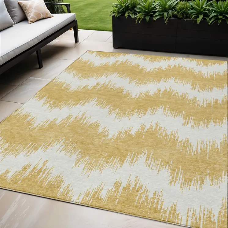 5' X 8' Gold And Ivory Chevron Washable Indoor Outdoor Area Rug