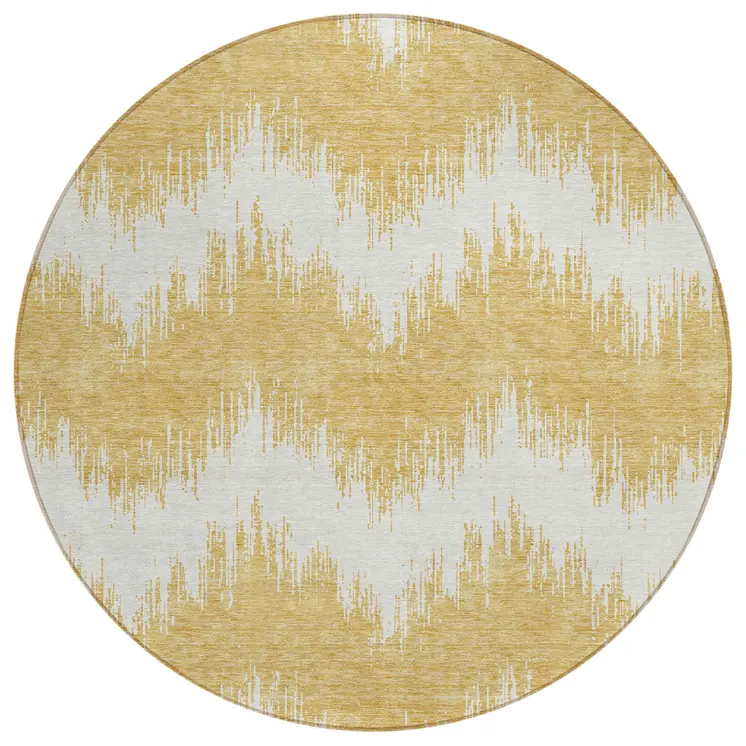 8' Gold And Ivory Round Chevron Washable Indoor Outdoor Area Rug