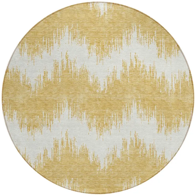 8' Gold And Ivory Round Chevron Washable Indoor Outdoor Area Rug