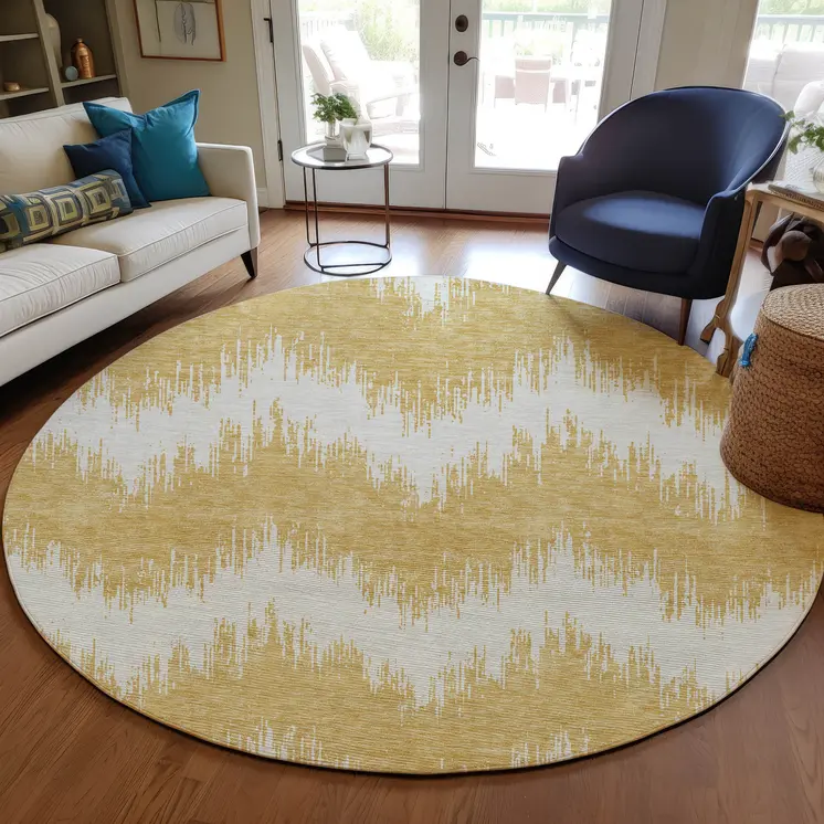 8' Gold And Ivory Round Chevron Washable Indoor Outdoor Area Rug