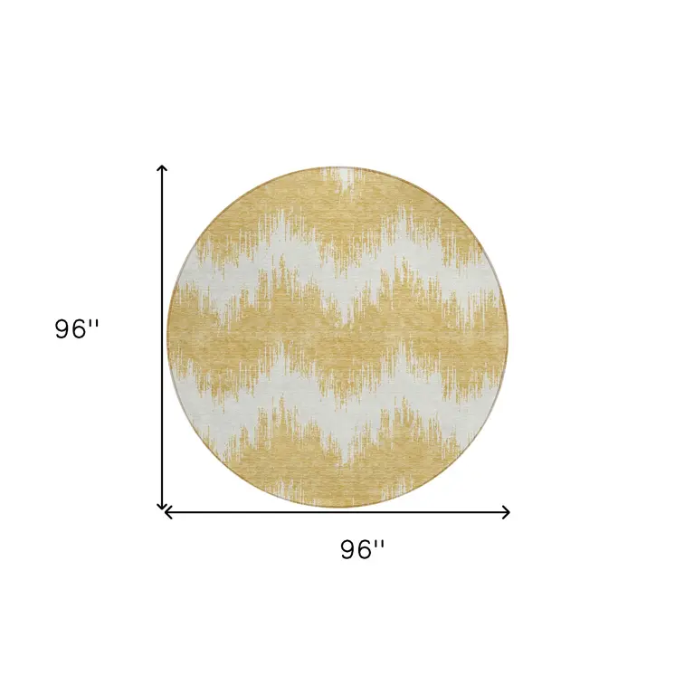 8' Gold And Ivory Round Chevron Washable Indoor Outdoor Area Rug