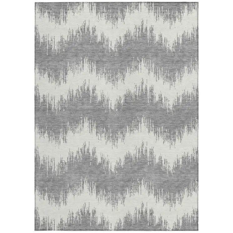 5' X 8' Gray And Ivory Chevron Washable Indoor Outdoor Area Rug