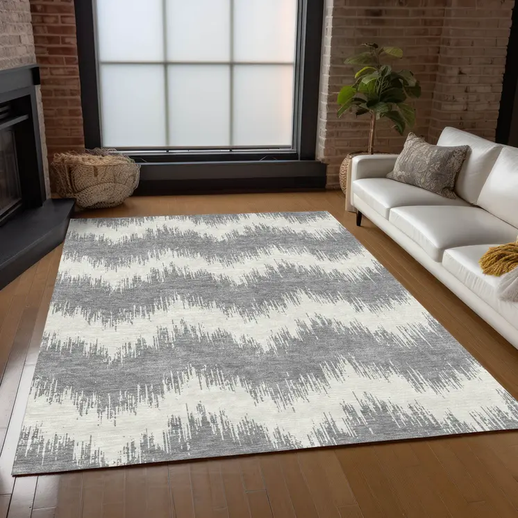 5' X 8' Gray And Ivory Chevron Washable Indoor Outdoor Area Rug