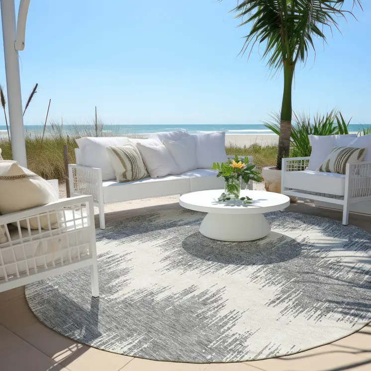 8' Gray And Ivory Round Chevron Washable Indoor Outdoor Area Rug