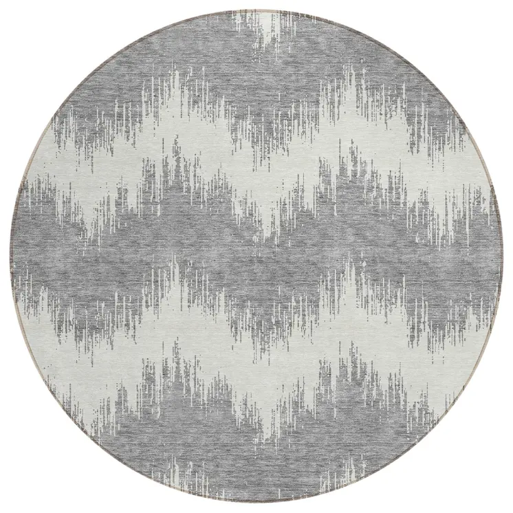 8' Gray And Ivory Round Chevron Washable Indoor Outdoor Area Rug