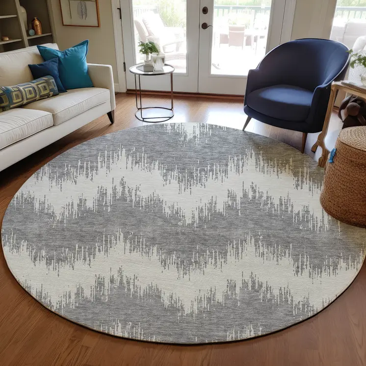 8' Gray And Ivory Round Chevron Washable Indoor Outdoor Area Rug