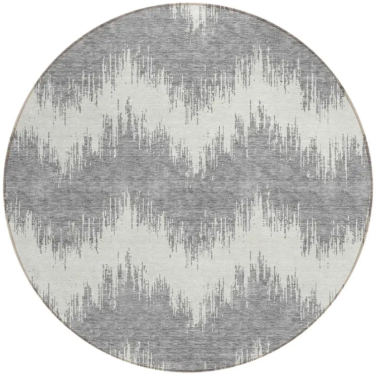8' Gray And Ivory Round Chevron Washable Indoor Outdoor Area Rug
