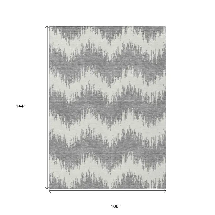 9' X 12' Gray And Ivory Chevron Washable Indoor Outdoor Area Rug