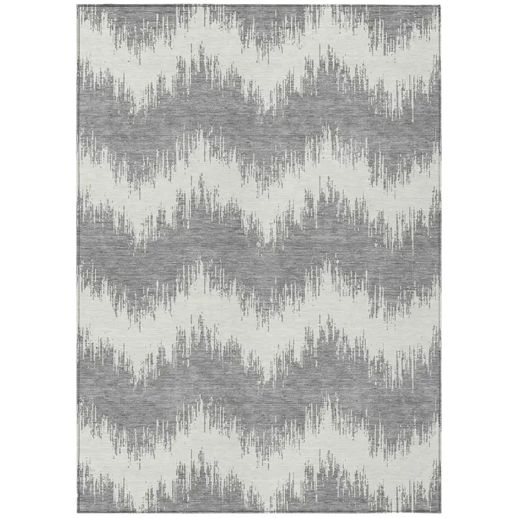 10' X 14' Gray And Ivory Chevron Washable Indoor Outdoor Area Rug