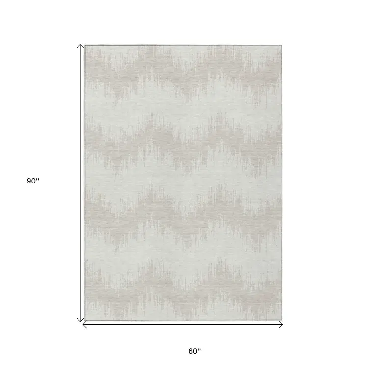 5' X 8' Ivory And Beige Chevron Washable Indoor Outdoor Area Rug