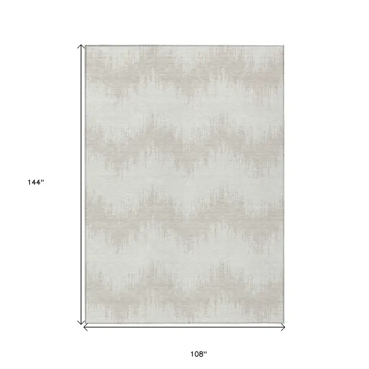 9' X 12' Ivory And Beige Chevron Washable Indoor Outdoor Area Rug