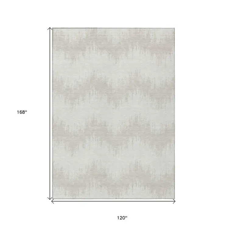 10' X 14' Ivory And Beige Chevron Washable Indoor Outdoor Area Rug