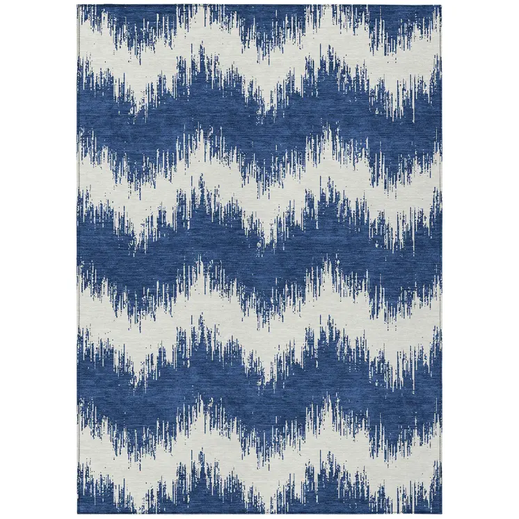 5' X 8' Navy Blue And Ivory Chevron Washable Indoor Outdoor Area Rug