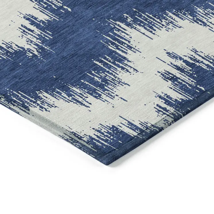 5' X 8' Navy Blue And Ivory Chevron Washable Indoor Outdoor Area Rug