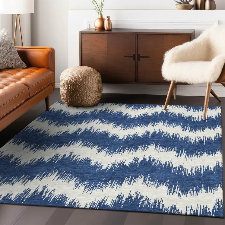5' X 8' Navy Blue And Ivory Chevron Washable Indoor Outdoor Area Rug