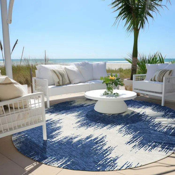 8' Navy Blue And Ivory Round Chevron Washable Indoor Outdoor Area Rug