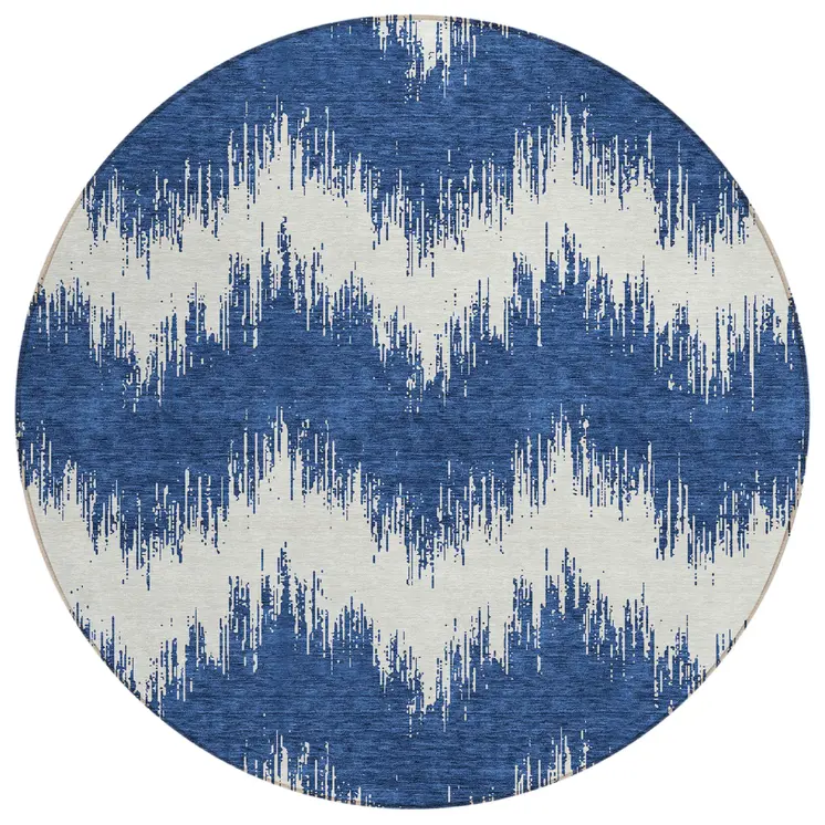 8' Navy Blue And Ivory Round Chevron Washable Indoor Outdoor Area Rug