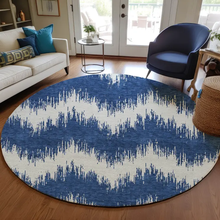 8' Navy Blue And Ivory Round Chevron Washable Indoor Outdoor Area Rug