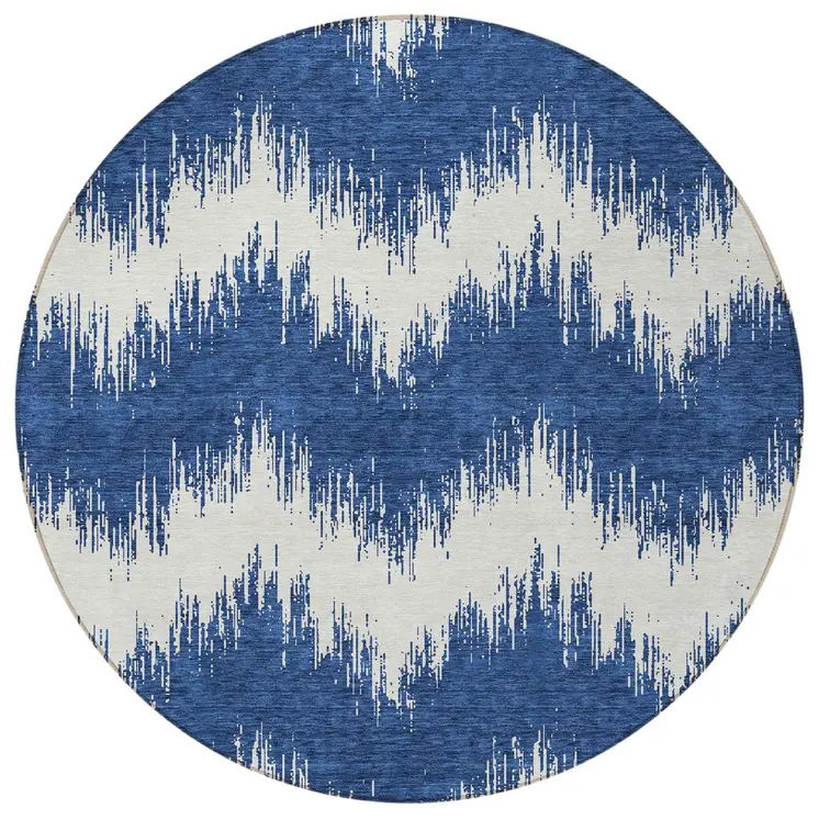 8' Navy Blue And Ivory Round Chevron Washable Indoor Outdoor Area Rug