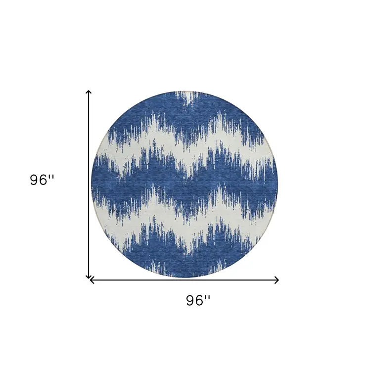 8' Navy Blue And Ivory Round Chevron Washable Indoor Outdoor Area Rug