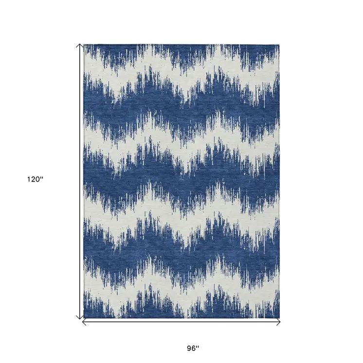 8' X 10' Navy Blue And Ivory Chevron Washable Indoor Outdoor Area Rug