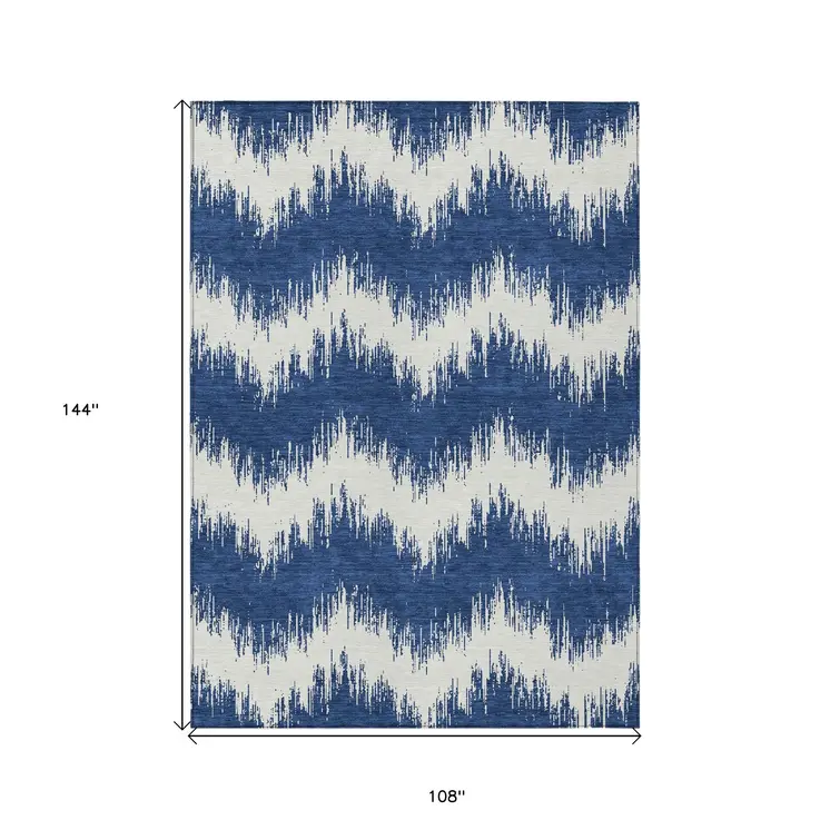 9' X 12' Navy Blue And Ivory Chevron Washable Indoor Outdoor Area Rug