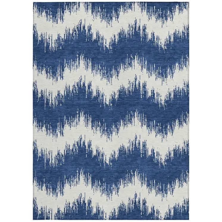 10' X 14' Navy Blue And Ivory Chevron Washable Indoor Outdoor Area Rug