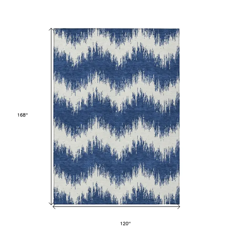 10' X 14' Navy Blue And Ivory Chevron Washable Indoor Outdoor Area Rug
