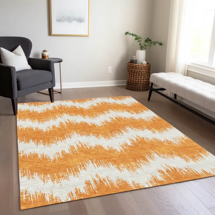 3' X 5' Orange And Ivory Chevron Washable Indoor Outdoor Area Rug