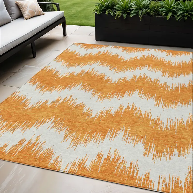 5' X 8' Orange And Ivory Chevron Washable Indoor Outdoor Area Rug