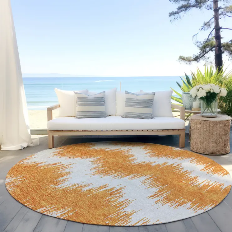 8' Orange And Ivory Round Chevron Washable Indoor Outdoor Area Rug