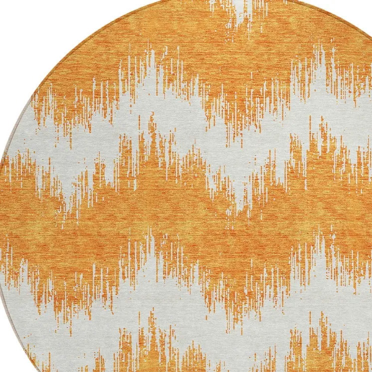 8' Orange And Ivory Round Chevron Washable Indoor Outdoor Area Rug