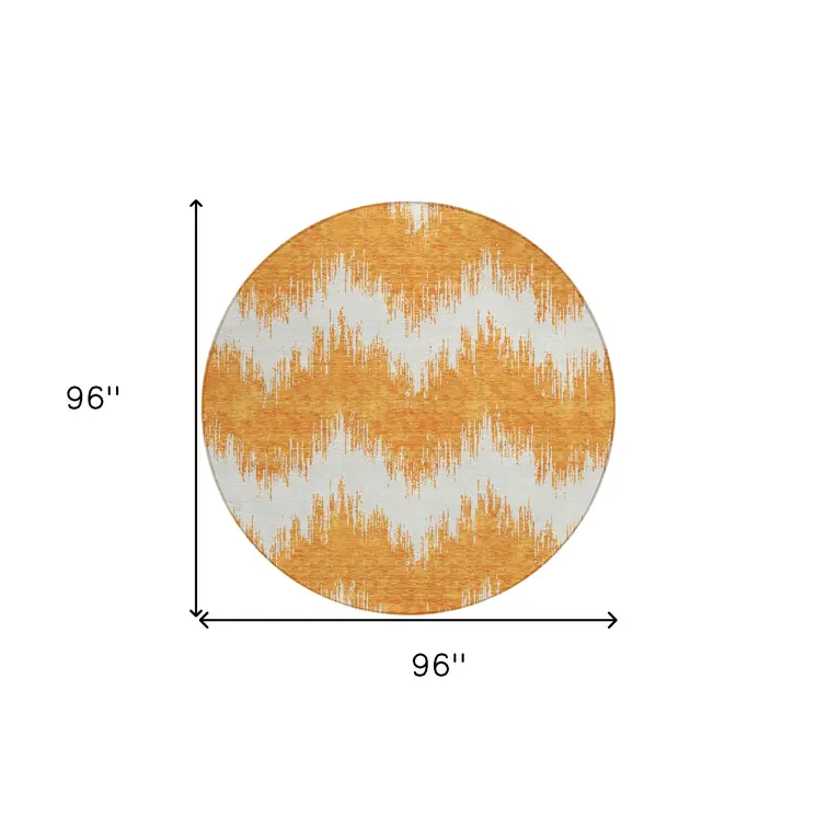 8' Orange And Ivory Round Chevron Washable Indoor Outdoor Area Rug