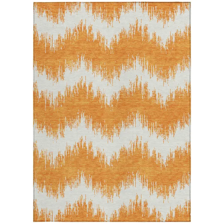 9' X 12' Orange And Ivory Chevron Washable Indoor Outdoor Area Rug