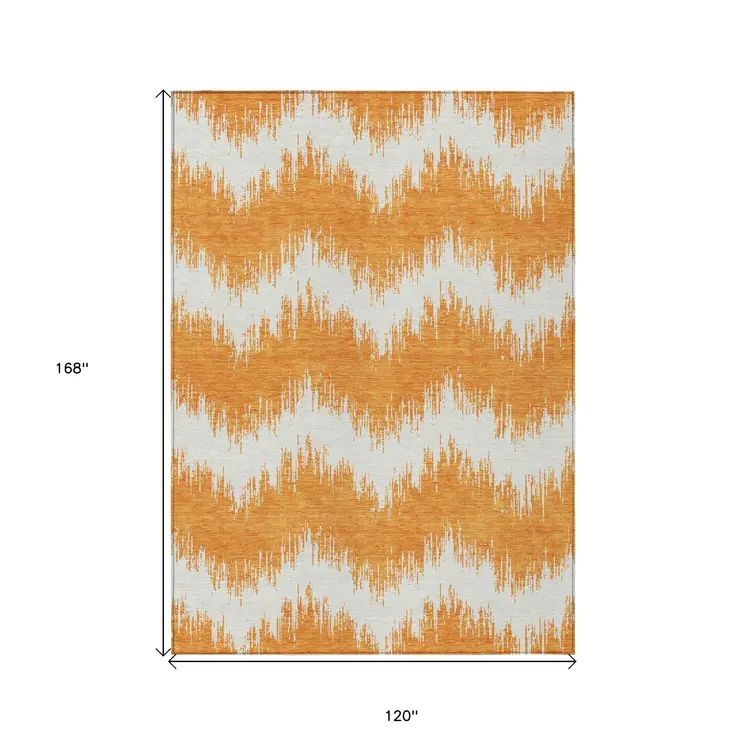 10' X 14' Orange And Ivory Chevron Washable Indoor Outdoor Area Rug