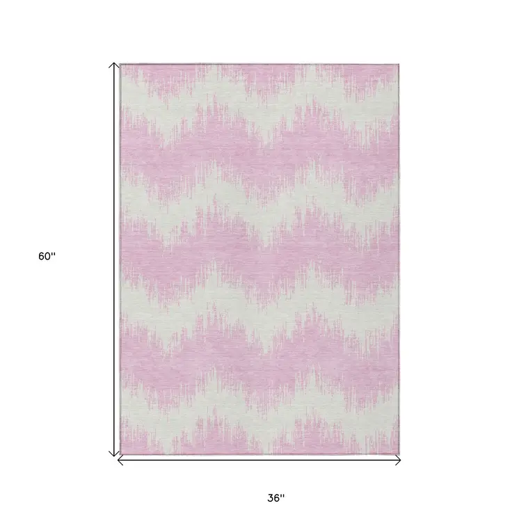 3' X 5' Pink And Ivory Chevron Washable Indoor Outdoor Area Rug