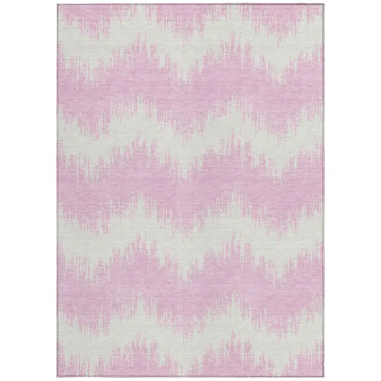 8' X 10' Pink And Ivory Chevron Washable Indoor Outdoor Area Rug