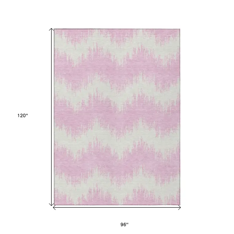 8' X 10' Pink And Ivory Chevron Washable Indoor Outdoor Area Rug
