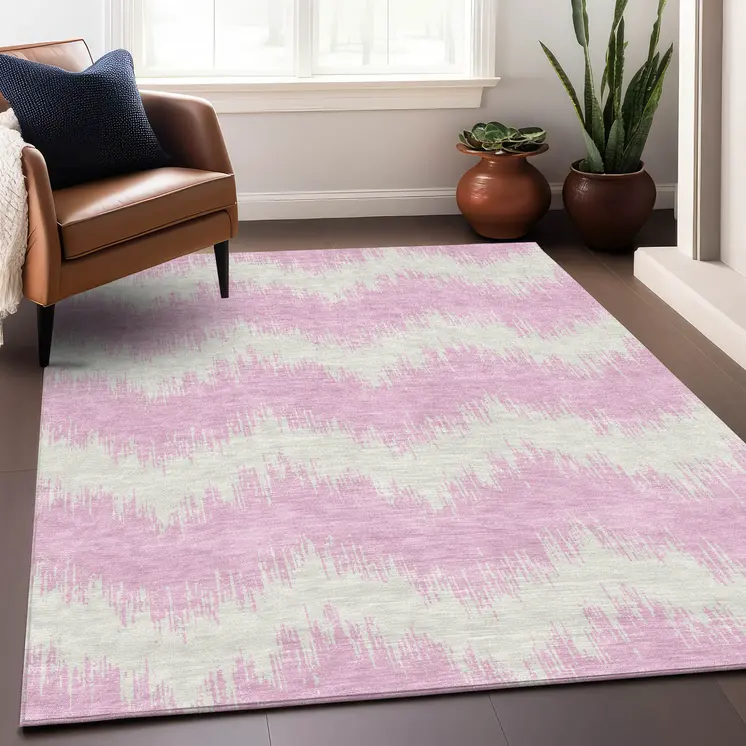 8' X 10' Pink And Ivory Chevron Washable Indoor Outdoor Area Rug