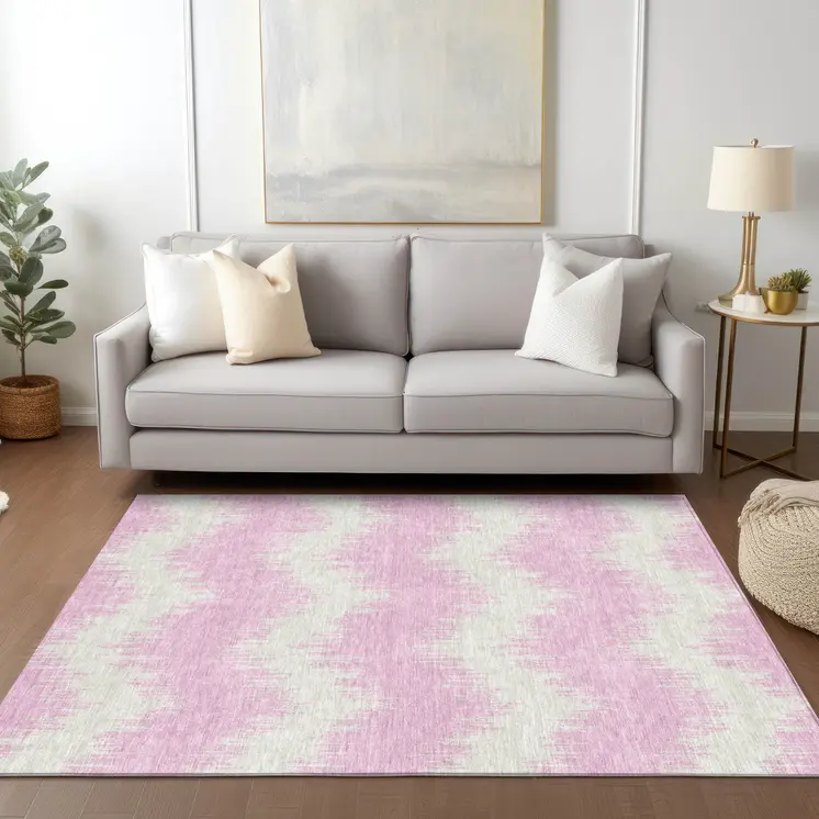 8' X 10' Pink And Ivory Chevron Washable Indoor Outdoor Area Rug
