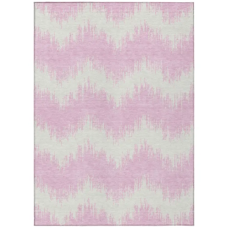 10' X 14' Pink And Ivory Chevron Washable Indoor Outdoor Area Rug