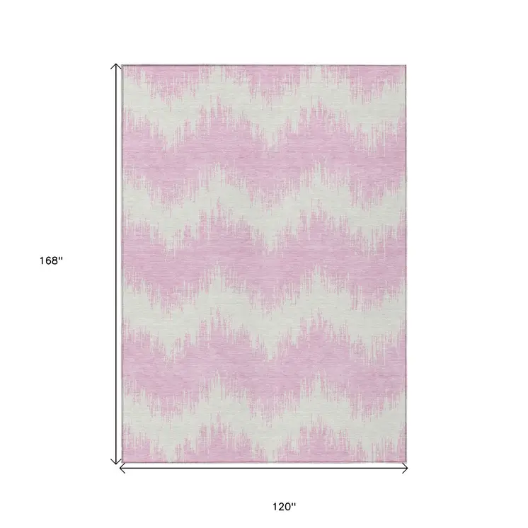 10' X 14' Pink And Ivory Chevron Washable Indoor Outdoor Area Rug