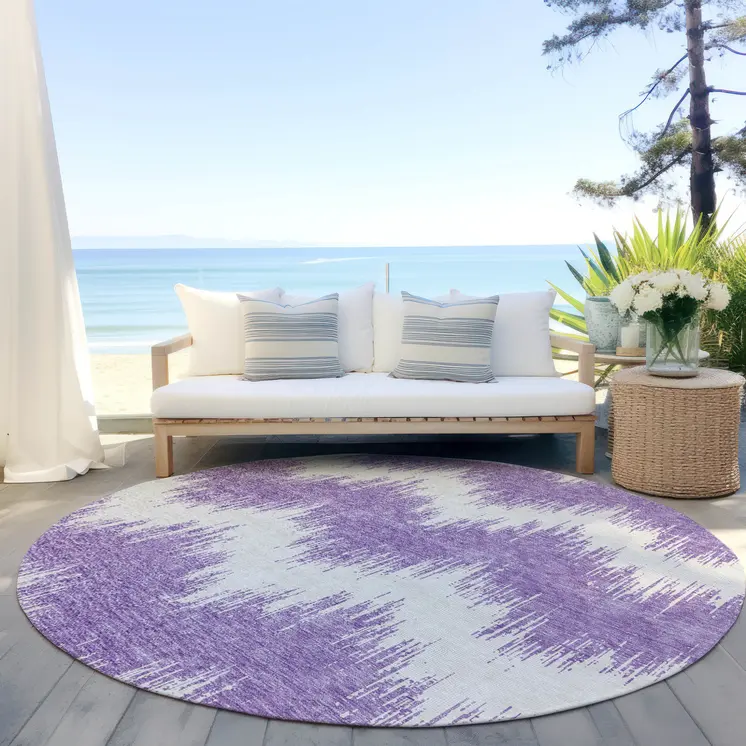 8' Purple And Ivory Round Chevron Washable Indoor Outdoor Area Rug