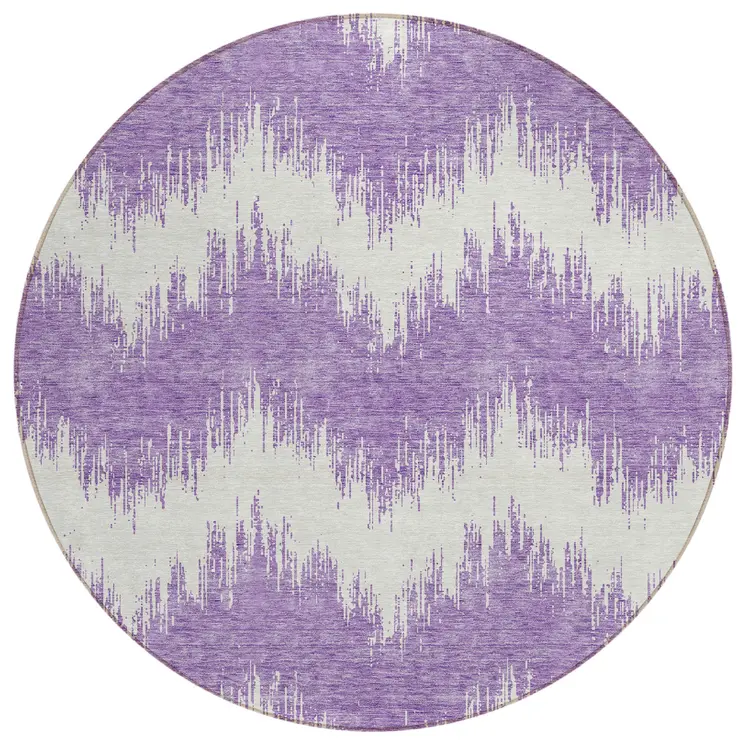 8' Purple And Ivory Round Chevron Washable Indoor Outdoor Area Rug